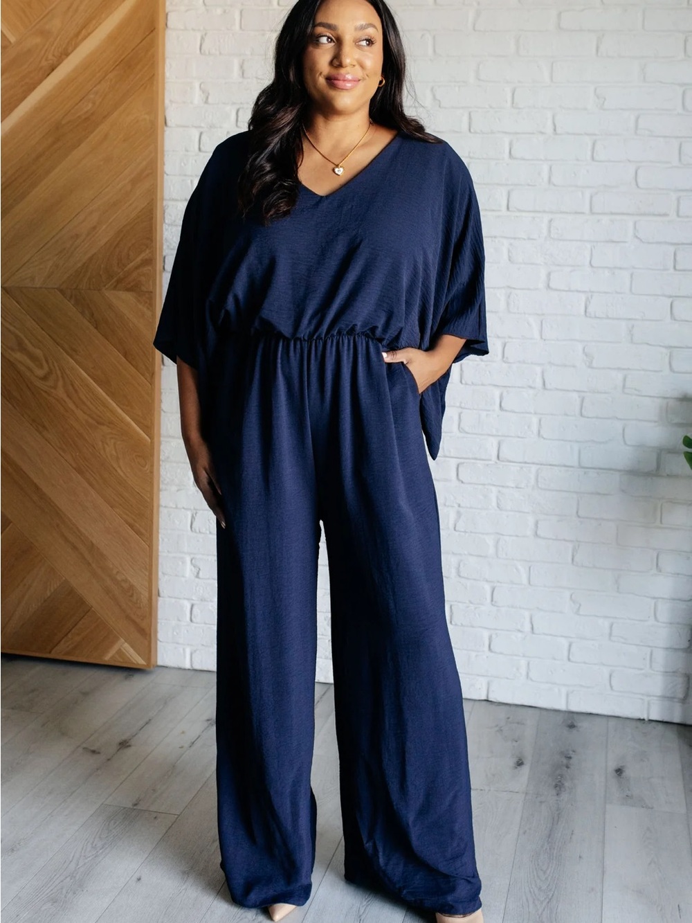 Navy Wide Leg Jumpsuit with Kimono Dolman Sleeves